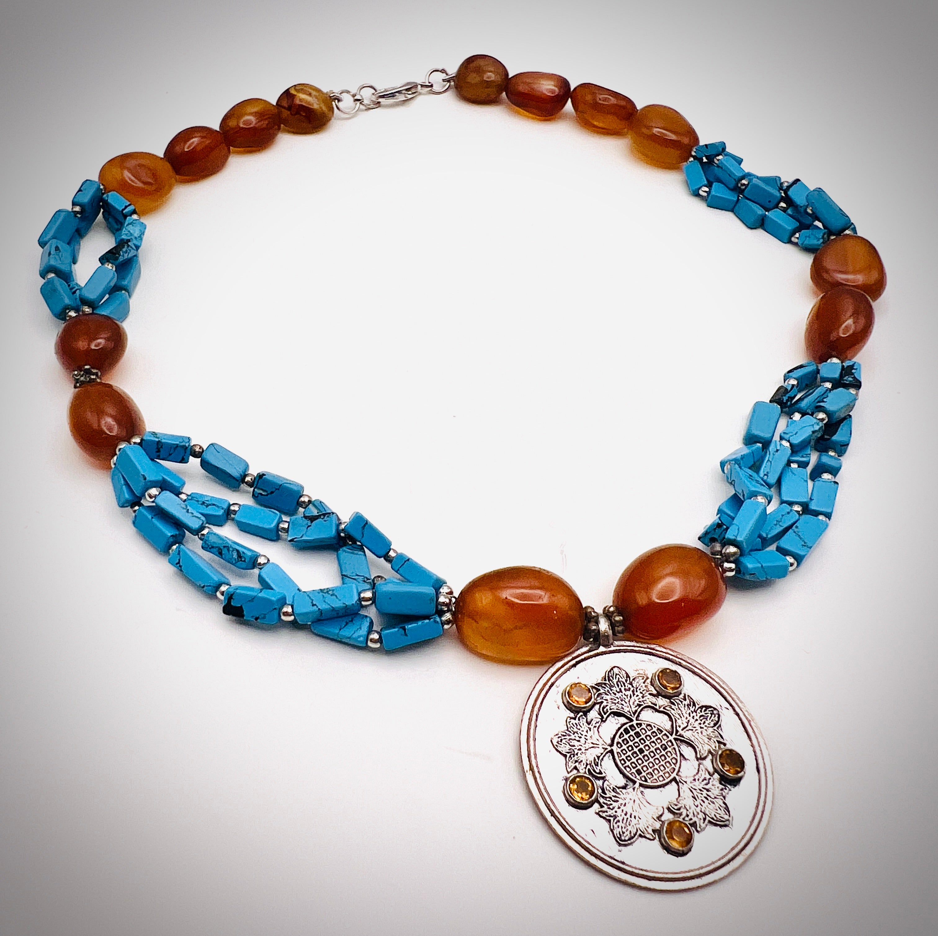 Turquoise Chips and Citrine Necklace with Silver Coin