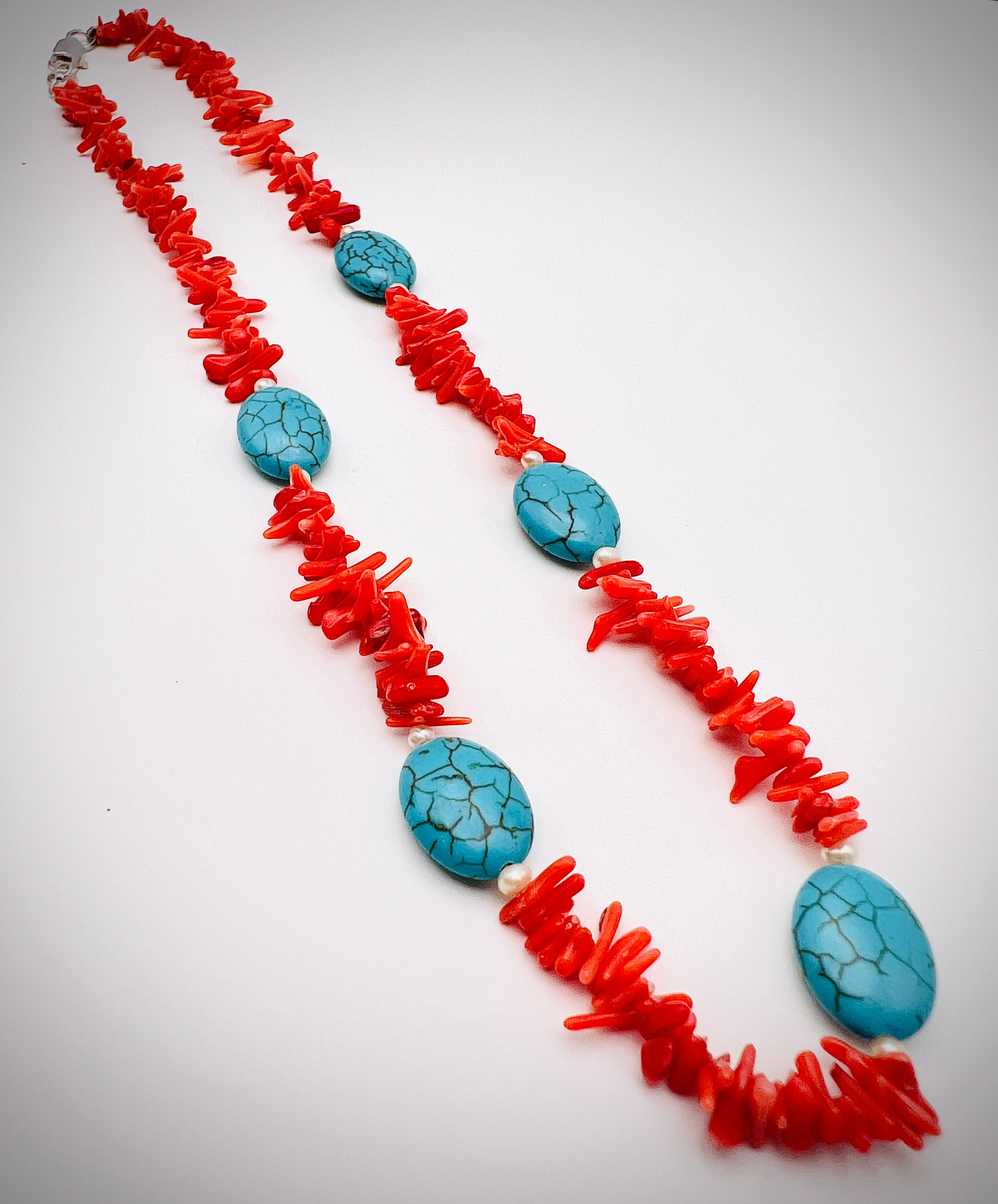 Coral Chips and Turquoise Pearl Necklace