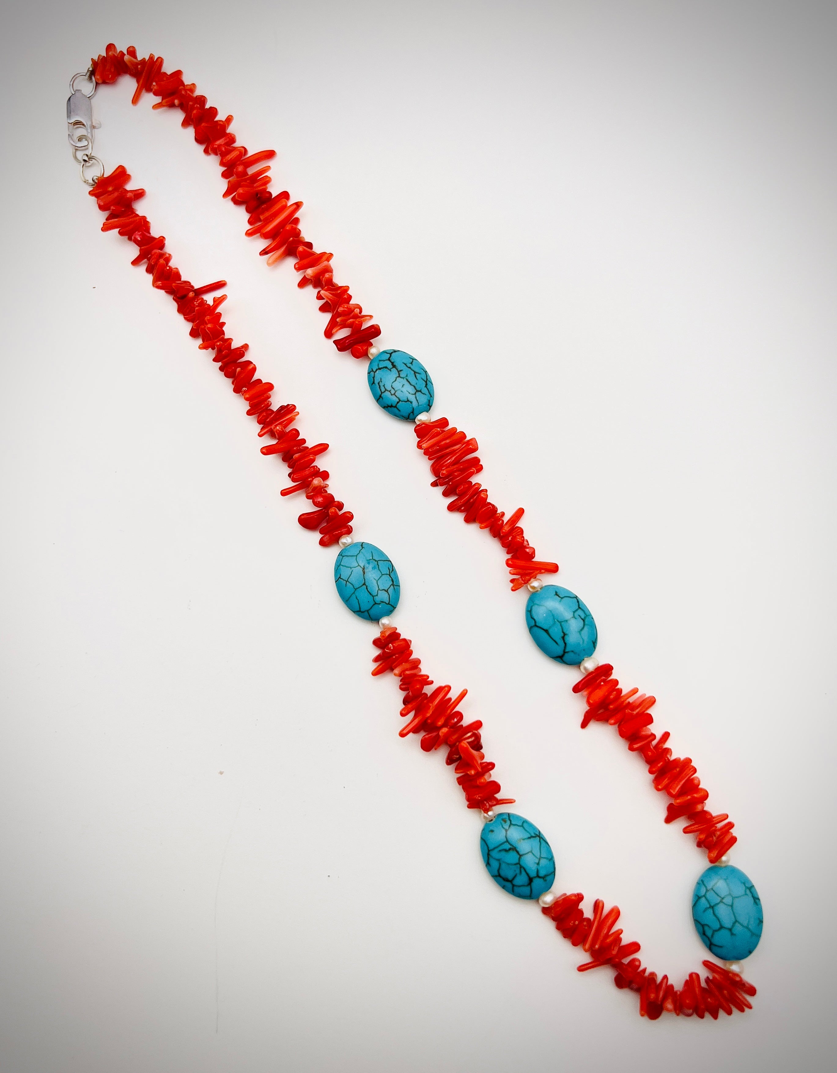 Coral Chips and Turquoise Pearl Necklace